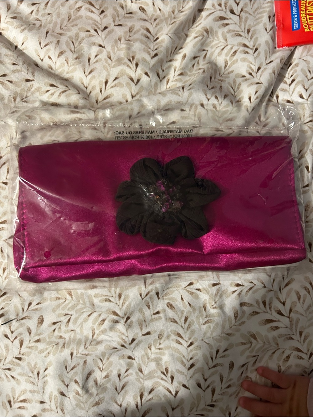 Fuchsia Satin Clutch with Black Flower Accent